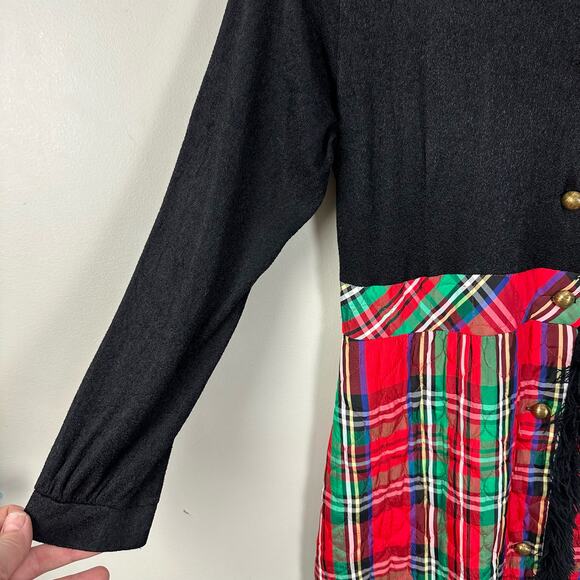 Vintage 60s 70s Maxi Dress Red Quilted Tartan Plaid Black Long Sleeve Christmas - Picture 4 of 12